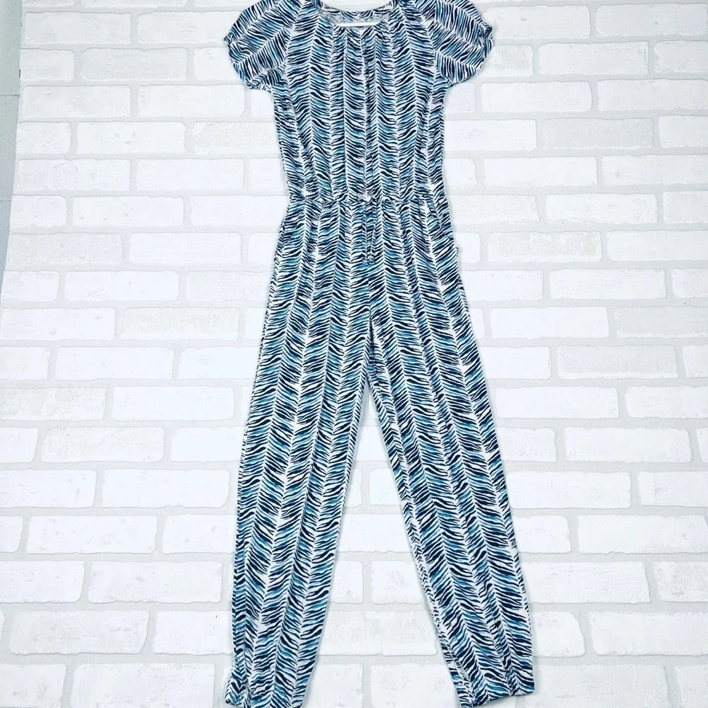 Old Navy Girls Blue White Zebra Print Short Sleeve Jumpsuit Size L 10-12